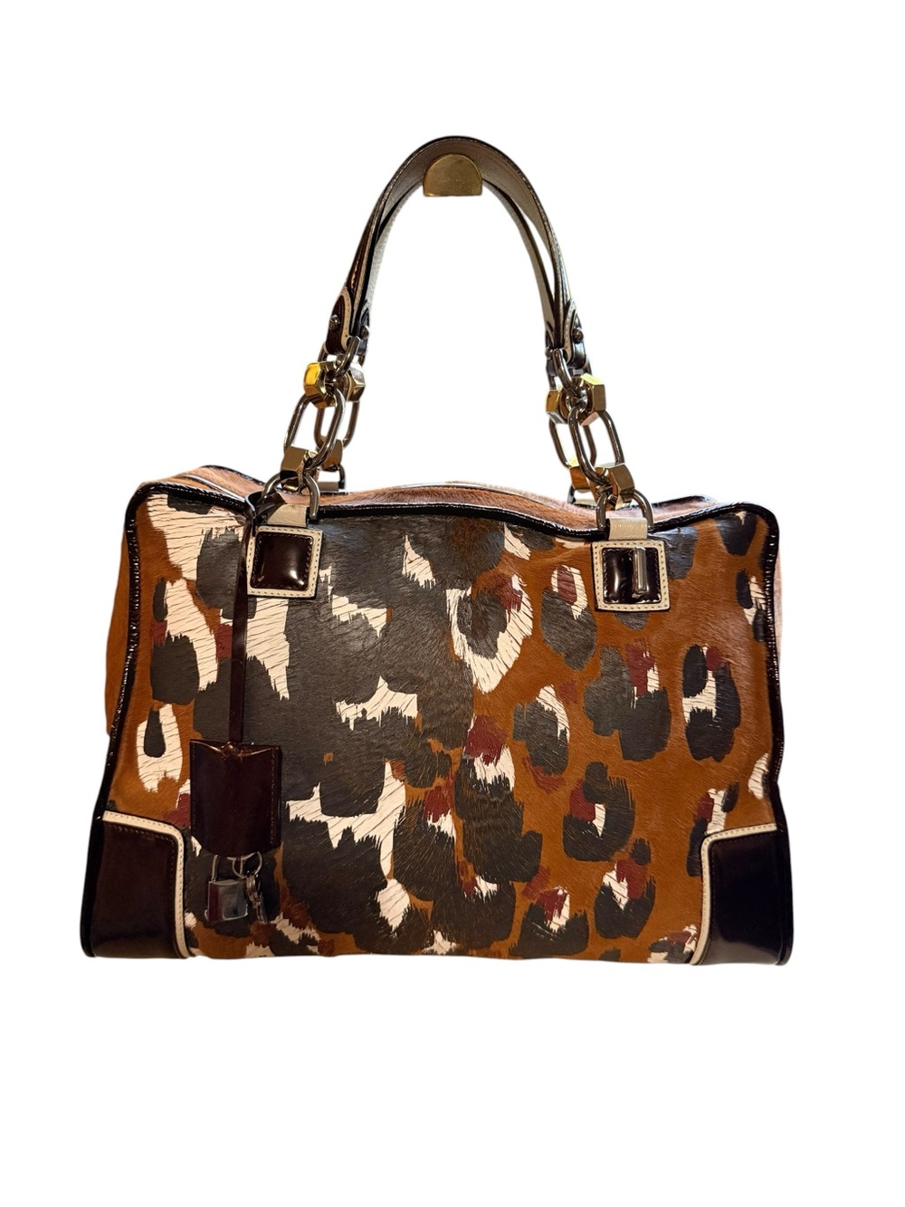 LOEWE Amazona Archive Pony Calf Hair Leopard Print Satchel Burgundy Leather Bag